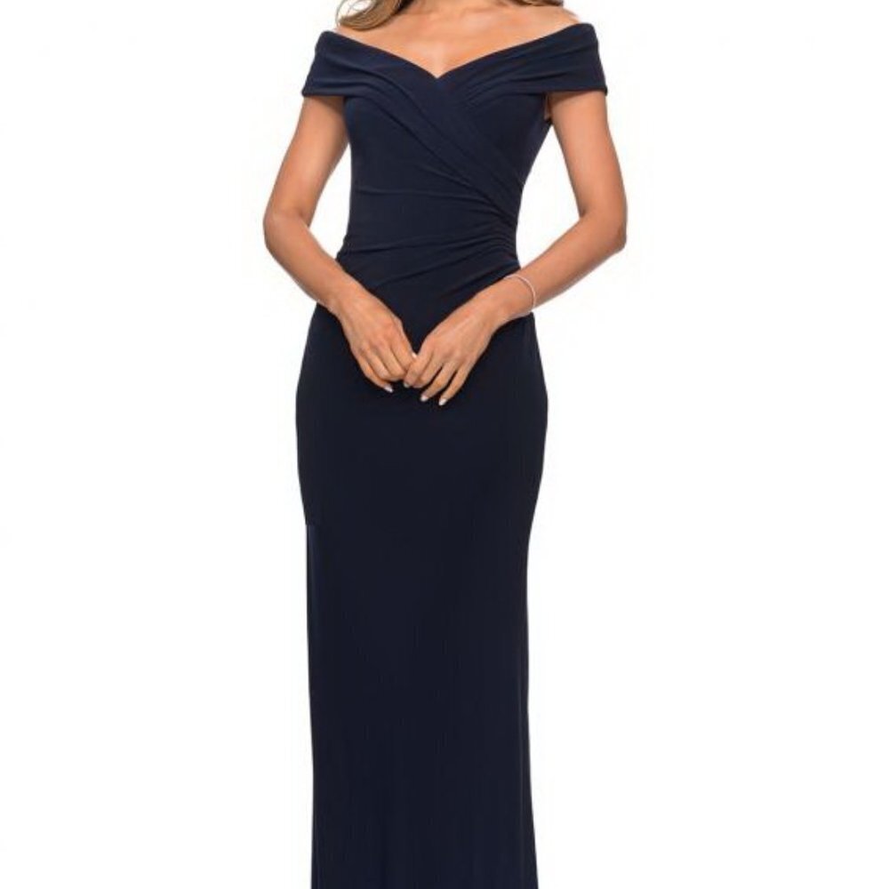 La Femme Navy Blue Off the Shoulder Ruched Jersey Trumpet Gown